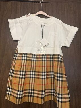 Burberry White Top with Tan Plaid Skirt Tee Dress